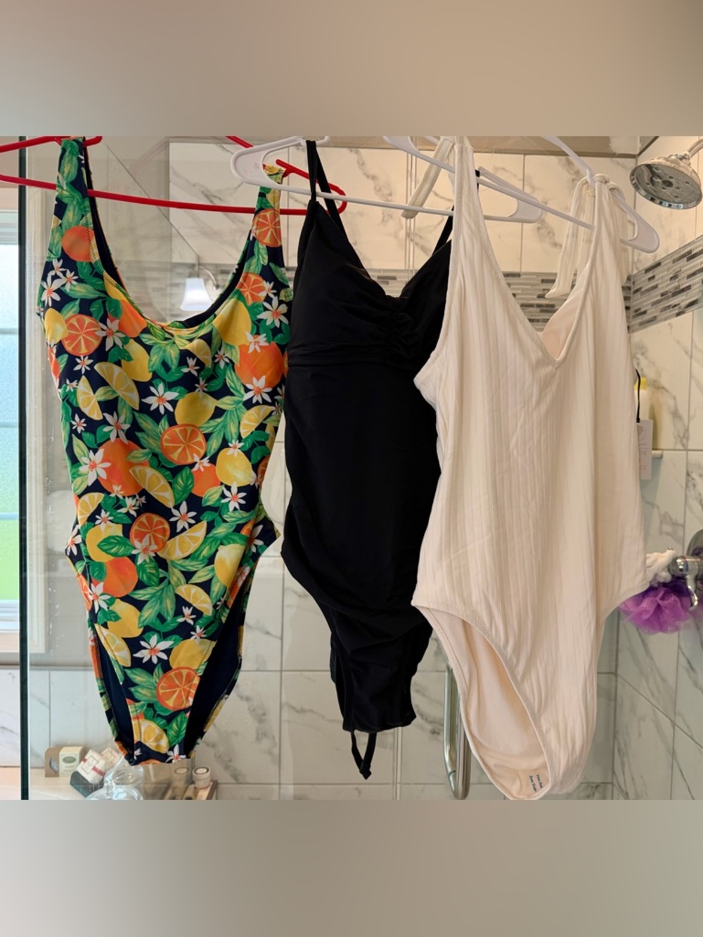 Three One-Piece Swimsuits - Citrus Print, Black, Cream